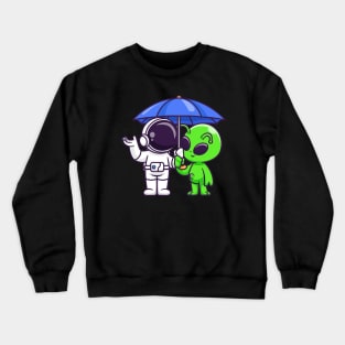 Cute Astronaut And Alien Standing Under Umbrella Cartoon Crewneck Sweatshirt